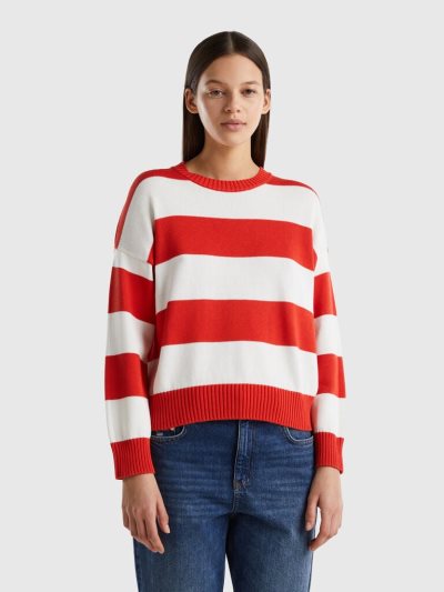 Red Women's Benetton Striped Tricot Cotton Crew Neck Sweaters | AU955417