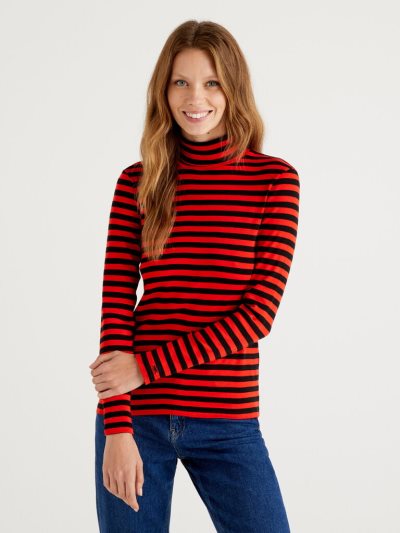 Red Women's Benetton Striped Turtleneck Long Sleeve T-shirts | AU750130