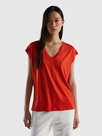 Red Women's Benetton Sustainable Stretch Viscose Short Sleeve T-shirts | AU438837