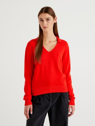 Red Women's Benetton Wool And Cashmere V-neck Sweaters | AU186192