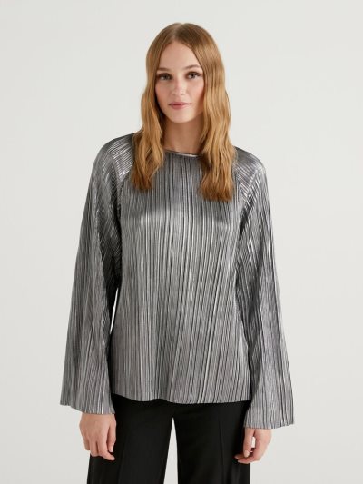 Silver Women's Benetton Pleated Foil Blouse | AU876373