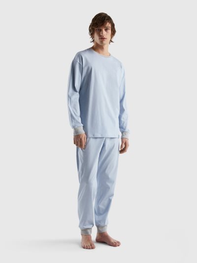 Sky Blue Men's Benetton Pouch 100% Cotton Pyjamas | AU190564