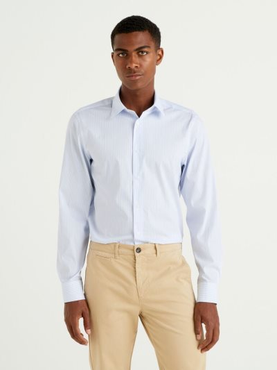 Sky Blue Men's Benetton Slim Fit Stretch Cotton Blend Shirts | AU416785