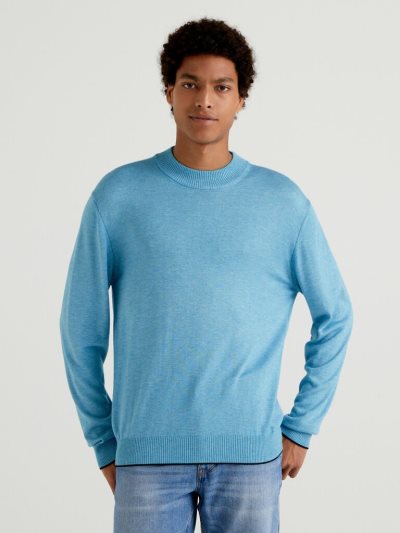 Sky Blue Men's Benetton Wool And Viscose Blend Crew Neck Sweaters | AU887202