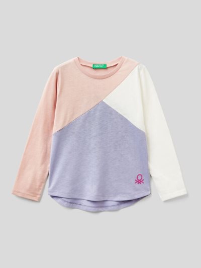 Soft Pink Kids' Benetton 100% Cotton Color Block Long Sleeve T-shirts | AU491487