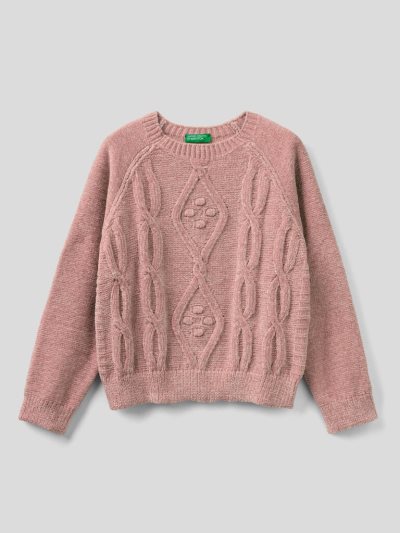 Soft Pink Kids' Benetton Cable Knit Chenille Sweaters | AU140696