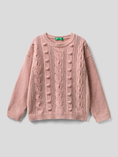 Soft Pink Kids' Benetton Cable Knit Chenille Sweaters | AU160052