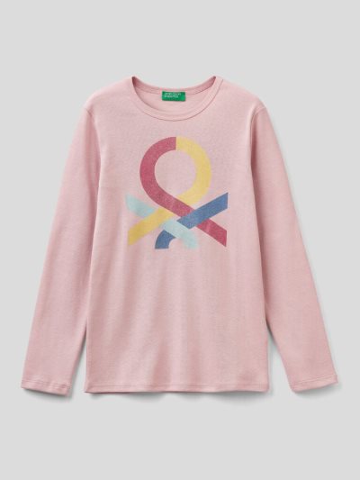 Soft Pink Kids' Benetton Long Sleeve Glitter Print T Shirts | AU441226