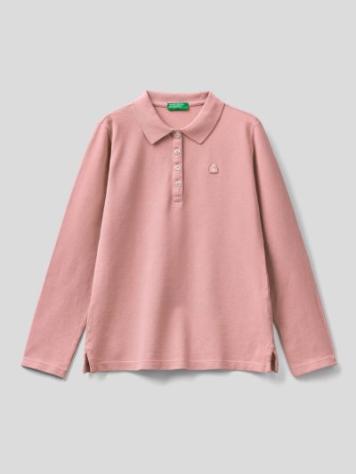 Soft Pink Kids' Benetton Organic Cotton Long Sleeve Polo Shirts | AU424613