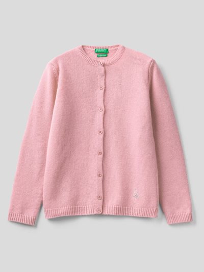 Soft Pink Kids' Benetton Rhinestone Logo Crew Neck Cardigan | AU033282