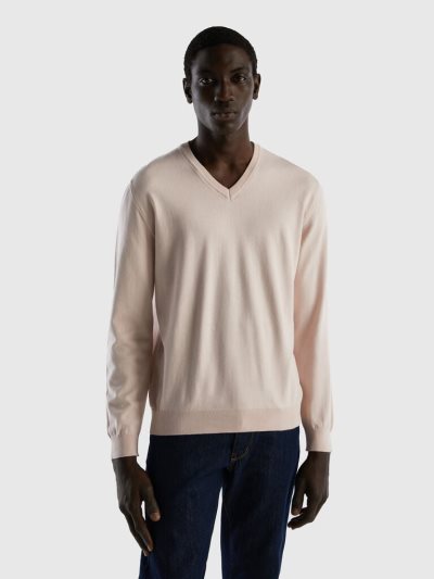 Soft Pink Men's Benetton Pure Cotton V-neck Sweaters | AU227055