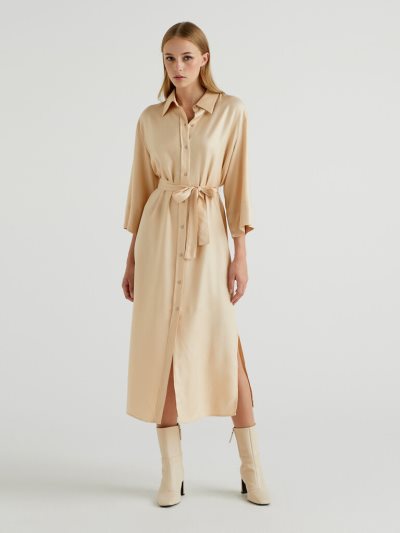 Soft Pink Women's Benetton Shirt Dress Belt Midi Dress | AU944234