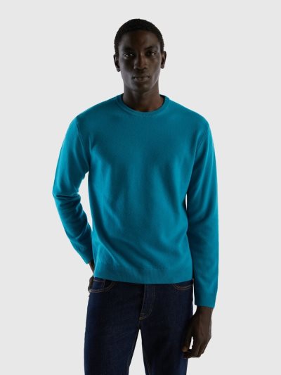 Teal Men's Benetton Crewneck Pure Merino Wool Sweaters | AU631036