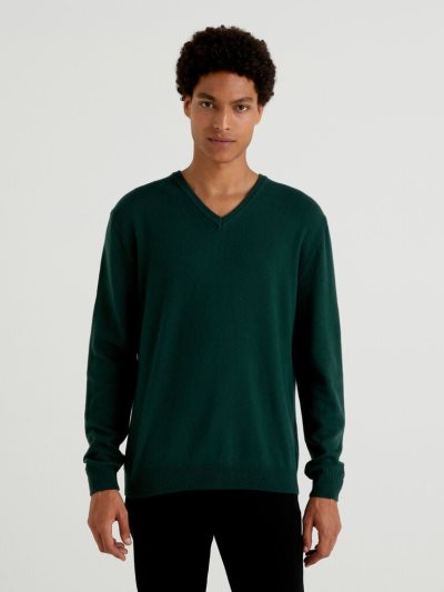 Teal Men's Benetton Pure Merino Wool V-neck Sweaters | AU042759