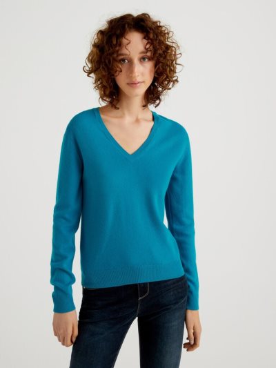 Teal Women's Benetton Pure Merino Wool V-neck Sweaters | AU521893