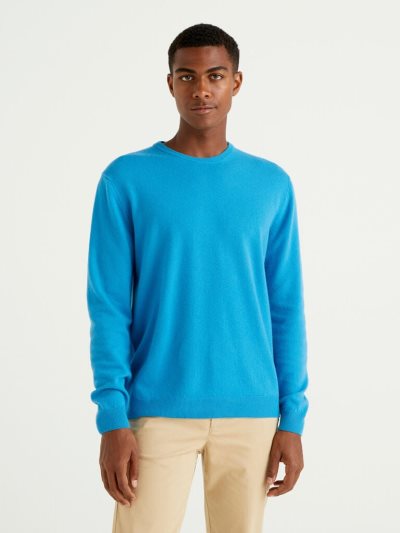 Turquoise Men's Benetton Crew Neck Pure Merino Wool Sweaters | AU025145