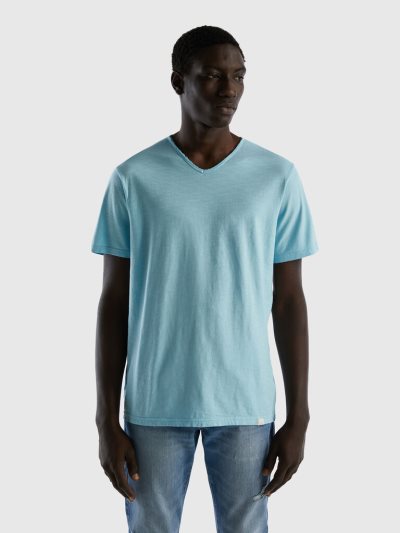 Turquoise Men's Benetton V-neck 100% Cotton Short Sleeve T-shirts | AU014973