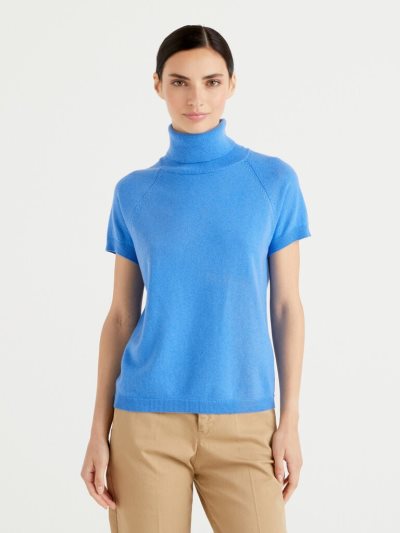 Turquoise Women's Benetton Cornflower Blue Short Sleeve Turtleneck High Neck Sweaters | AU122358