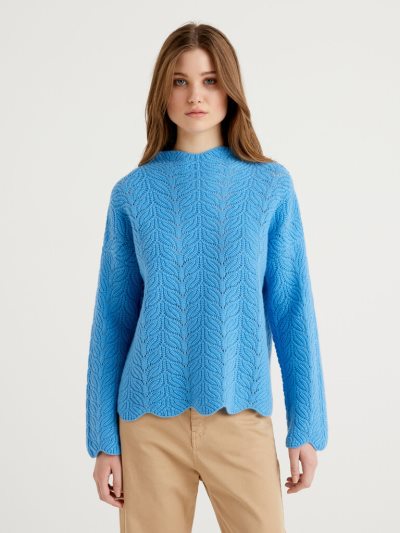 Turquoise Women's Benetton Open-knit Lace Look High Neck Sweaters | AU137290