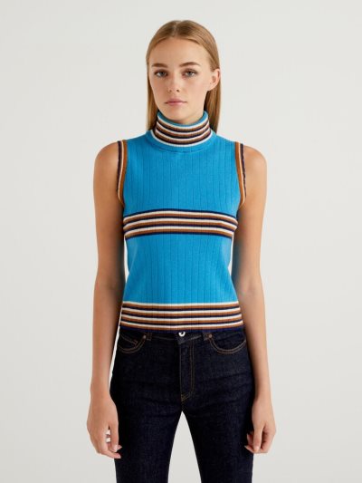 Turquoise Women's Benetton Sleeveless Stripes Turtleneck High Neck Sweaters | AU797461