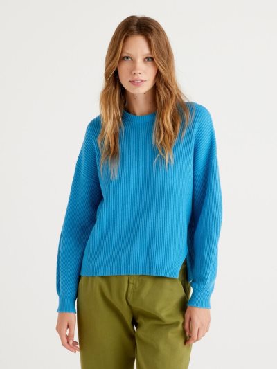 Turquoise Women's Benetton Soft Slit Pattern Crew Neck Sweaters | AU888167