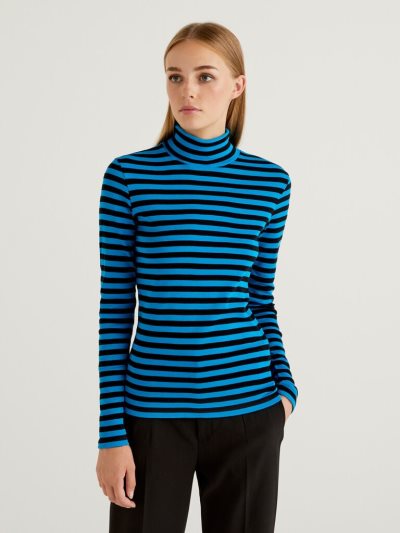 Turquoise Women's Benetton Striped Turtleneck Long Sleeve T-shirts | AU834315