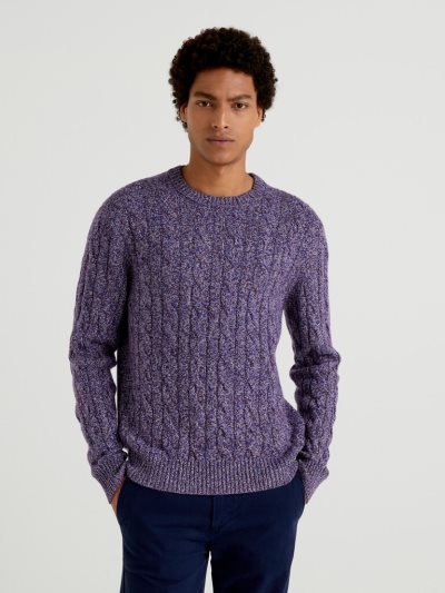 Violet Men's Benetton Cable Knit Cashmere Blend Crew Neck Sweaters | AU364062