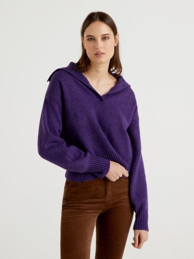 Violet Women's Benetton Pure Tricot Shetland Wool V-neck Sweaters | AU571318