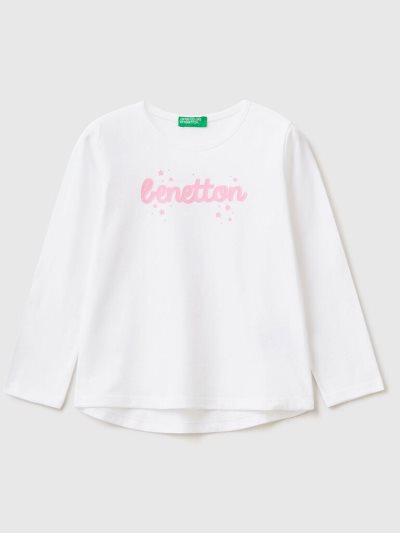 White Kids' Benetton 100% Cotton Logo Long Sleeve T-shirts | AU024710