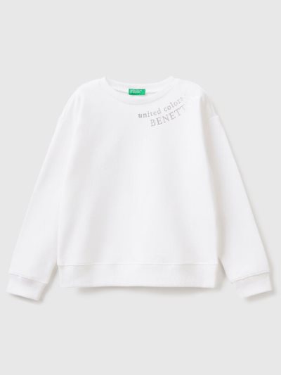 White Kids' Benetton 100% Cotton Logo Sweatshirt | AU740681