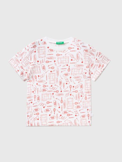 White Kids' Benetton 100% Cotton Patterned Short Sleeve T-shirts | AU806053