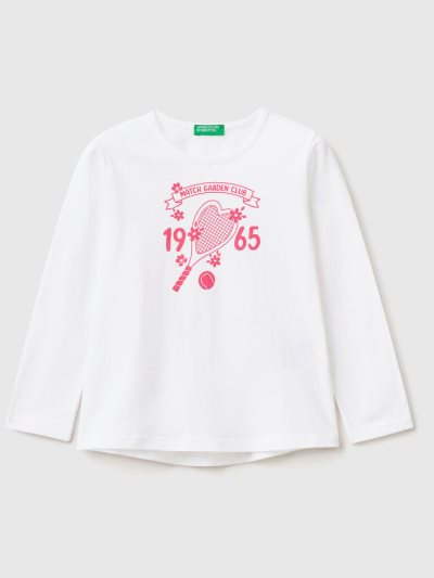 White Kids' Benetton 100% Cotton Print Long Sleeve T-shirts | AU681763