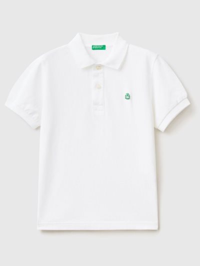 White Kids' Benetton 100% Organic Cotton Slim Fit Short Sleeve Polos | AU715042