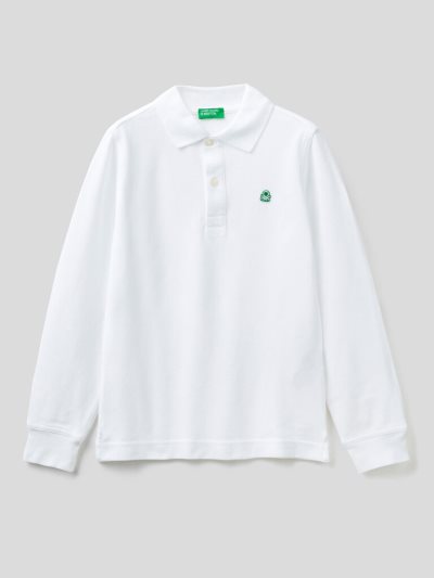 White Kids' Benetton 100% Organic Cotton Long Sleeve Polo Shirts | AU732396