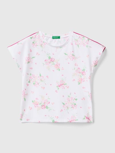 White Kids' Benetton Floral Print Short Sleeve T-shirts | AU143591