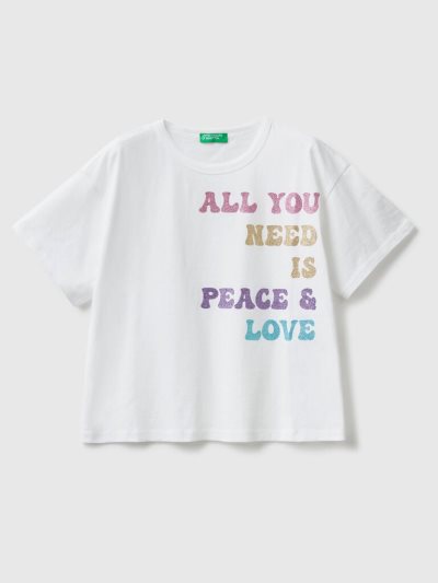 White Kids' Benetton Glittery Print Short Sleeve T-shirts | AU802482