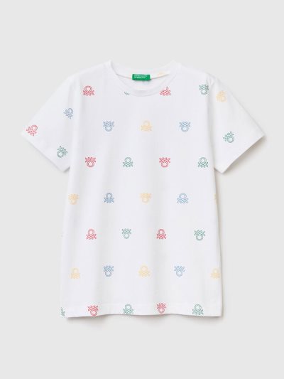 White Kids' Benetton Logo Print Short Sleeve T-shirts | AU563814