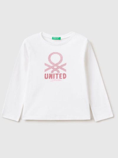 White Kids' Benetton Long Sleeve Glitter Print T Shirts | AU666975