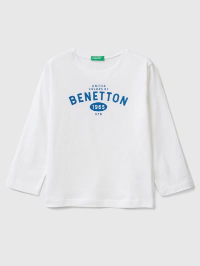 White Kids' Benetton Long Sleeve Logo T Shirts | AU274101