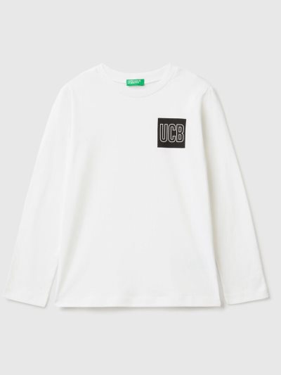 White Kids' Benetton Long Sleeve Logo T Shirts | AU277210