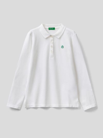 White Kids' Benetton Organic Cotton Long Sleeve Polo Shirts | AU804398