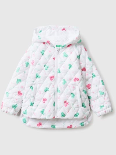 White Kids' Benetton Patterned Hood Padded Jackets | AU214590