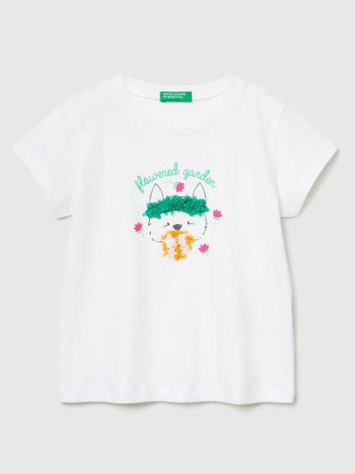 White Kids' Benetton Petal Look Applique Short Sleeve T-shirts | AU484474