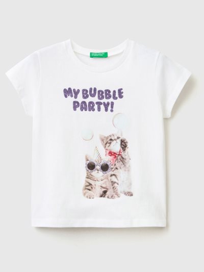 White Kids' Benetton Photographic Print Short Sleeve T-shirts | AU768871