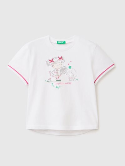 White Kids' Benetton Print And Patch Short Sleeve T-shirts | AU892425