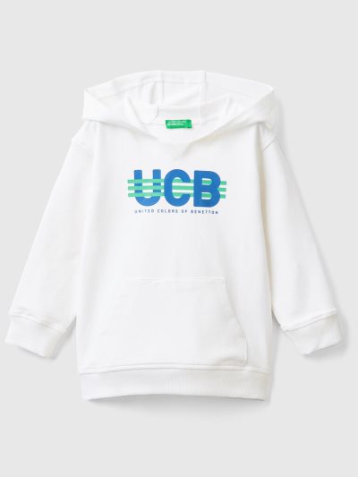 White Kids' Benetton Stretch Organic Cotton Hoodie | AU067459