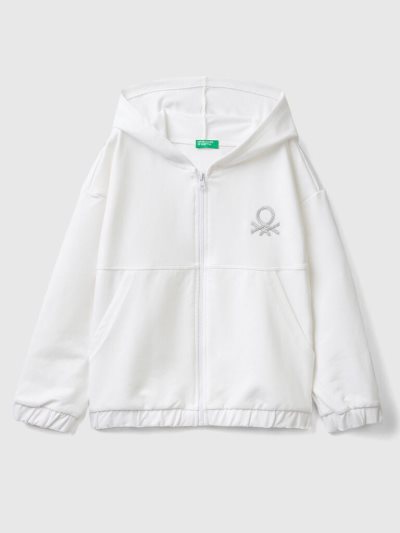 White Kids' Benetton Zip And Embroidered Logo Hoodie | AU930427