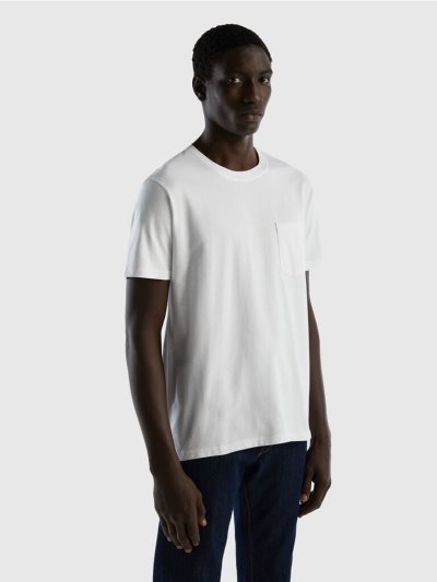 White Men's Benetton 100% Cotton Pocket Short Sleeve T-shirts | AU412457