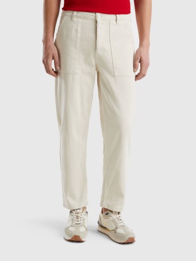 White Men's Benetton Cropped Straight Leg Trousers | AU207114