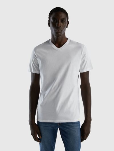 White Men's Benetton Long Fiber Cotton Short Sleeve T-shirts | AU194789